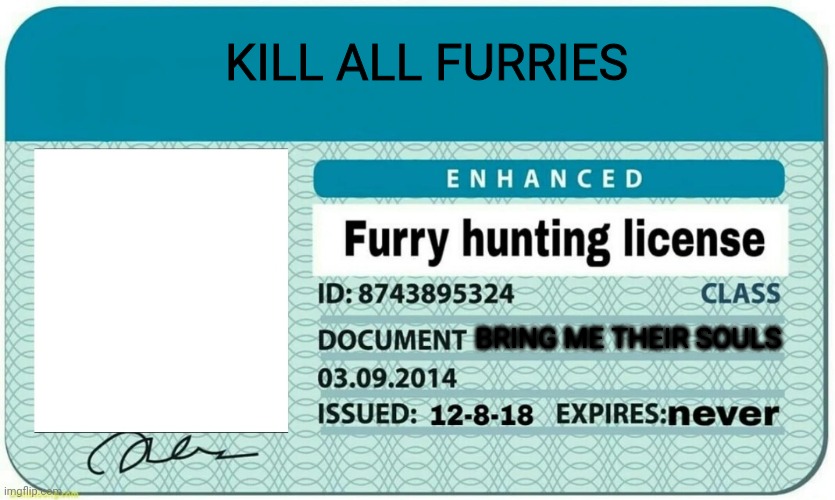 furry hunting license | KILL ALL FURRIES; BRING ME THEIR SOULS | image tagged in furry hunting license | made w/ Imgflip meme maker