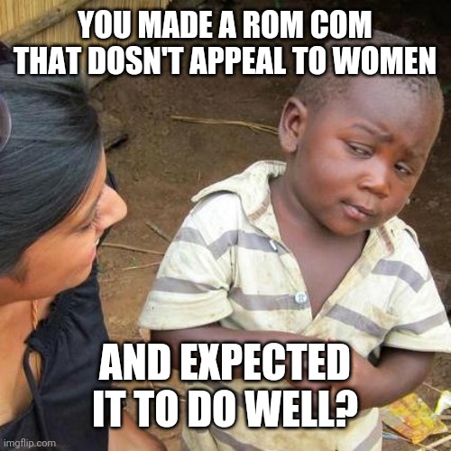 A movie that appeals to almost no one, didnt do well? Im shocked | YOU MADE A ROM COM THAT DOSN'T APPEAL TO WOMEN; AND EXPECTED IT TO DO WELL? | image tagged in memes,third world skeptical kid | made w/ Imgflip meme maker