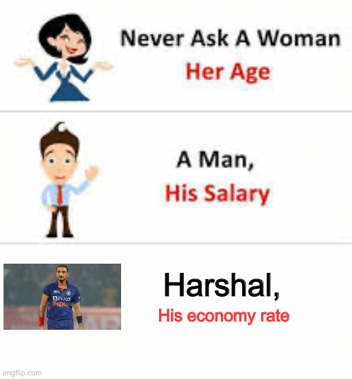 Harshal Patel | Harshal, His economy rate | image tagged in never ask a woman her age | made w/ Imgflip meme maker