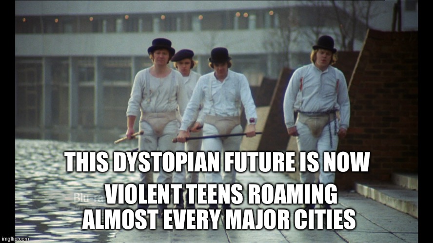 Dystopia Now | THIS DYSTOPIAN FUTURE IS NOW; VIOLENT TEENS ROAMING ALMOST EVERY MAJOR CITIES | image tagged in clockwork orange gang | made w/ Imgflip meme maker