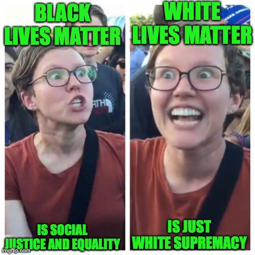 Social Justice Warrior Hypocrisy | BLACK LIVES MATTER IS SOCIAL JUSTICE AND EQUALITY WHITE LIVES MATTER IS JUST WHITE SUPREMACY | image tagged in social justice warrior hypocrisy | made w/ Imgflip meme maker