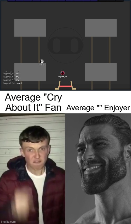 He is mad tryhard | Average "" Enjoyer; Average "Cry About It" Fan | image tagged in average fan vs average enjoyer | made w/ Imgflip meme maker