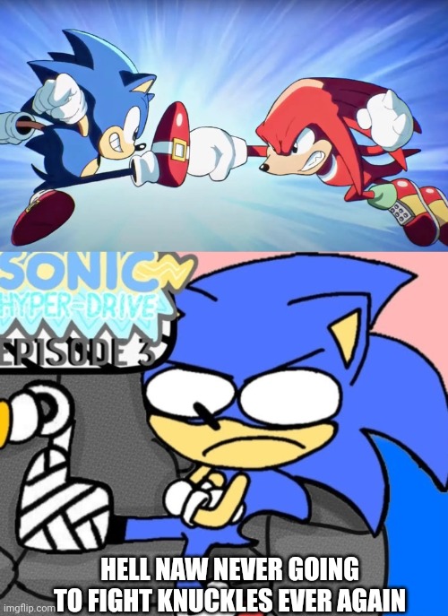 If Sonic vs Knuckles was bit more accurate | HELL NAW NEVER GOING TO FIGHT KNUCKLES EVER AGAIN | image tagged in sonic origins,sonic,knuckles,sonic the hedgehog,funny | made w/ Imgflip meme maker