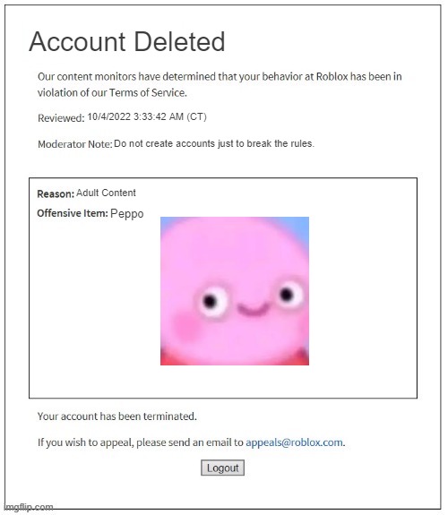 Roblox moderation be like | Account Deleted; 10/4/2022 3:33:42 AM (CT); Do not create accounts just to break the rules. Adult Content; Peppo | image tagged in moderation system | made w/ Imgflip meme maker