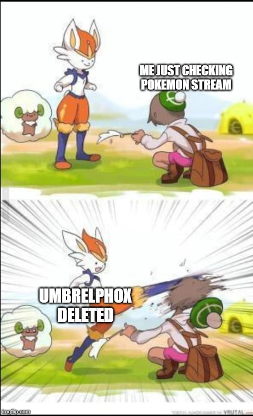 Cinderace kick | ME JUST CHECKING POKEMON STREAM; UMBRELPHOX DELETED | image tagged in cinderace kick | made w/ Imgflip meme maker