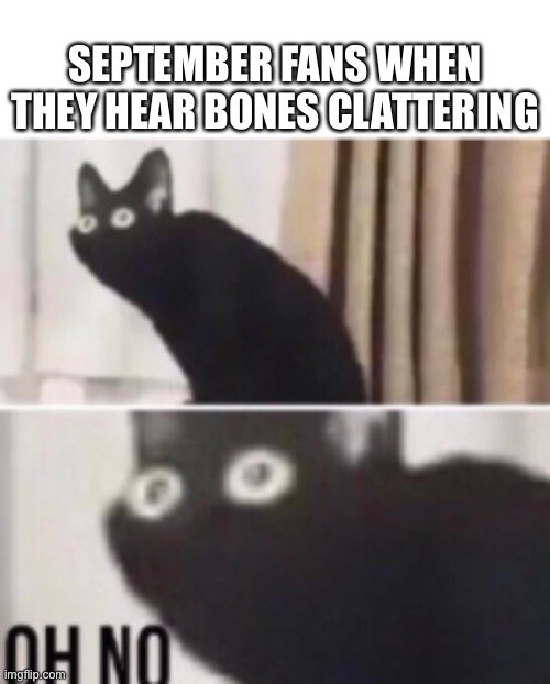 The spooky month is here | SEPTEMBER FANS WHEN THEY HEAR BONES CLATTERING | image tagged in oh no cat,spooky month | made w/ Imgflip meme maker