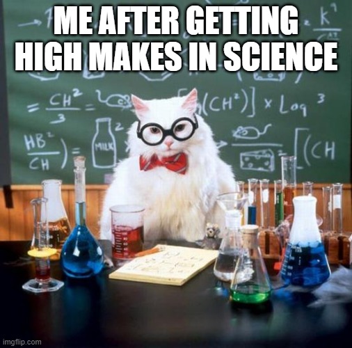 smart |  ME AFTER GETTING HIGH MAKES IN SCIENCE | image tagged in memes,chemistry cat | made w/ Imgflip meme maker