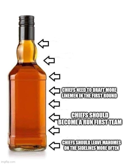 alcohol bottle | CHIEFS NEED TO DRAFT MORE LINEMEN IN THE FIRST ROUND; CHIEFS SHOULD BECOME A RUN FIRST TEAM; CHIEFS SHOULD LEAVE MAHOMES ON THE SIDELINES MORE OFTEN | image tagged in alcohol bottle | made w/ Imgflip meme maker