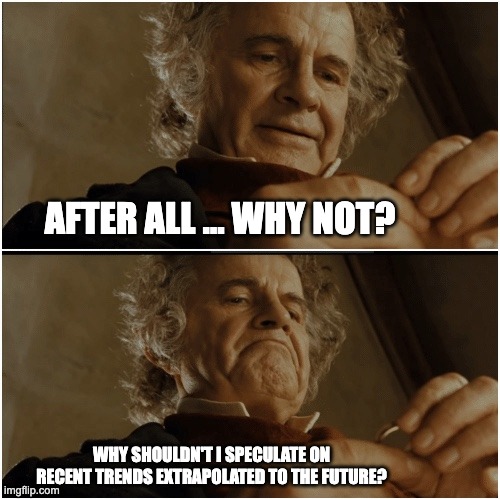 Bilbo - Why shouldn’t I keep it? | AFTER ALL … WHY NOT? WHY SHOULDN'T I SPECULATE ON RECENT TRENDS EXTRAPOLATED TO THE FUTURE? | image tagged in bilbo - why shouldn t i keep it | made w/ Imgflip meme maker