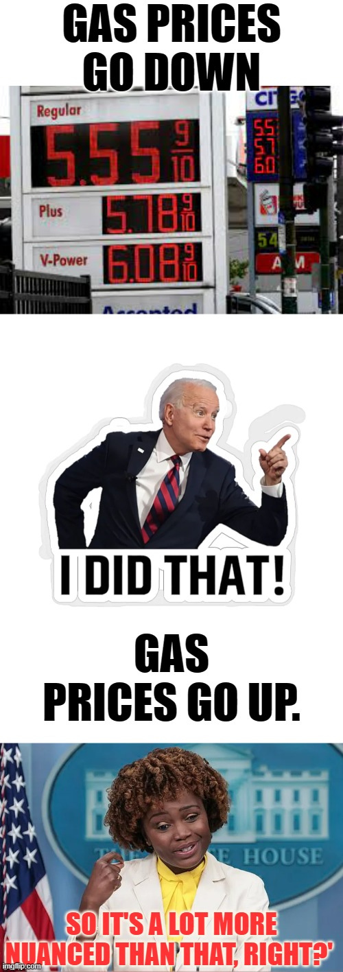 What? | GAS PRICES GO DOWN; GAS PRICES GO UP. SO IT'S A LOT MORE NUANCED THAN THAT, RIGHT?' | image tagged in memes,politics,joe biden,gas prices,down,up | made w/ Imgflip meme maker