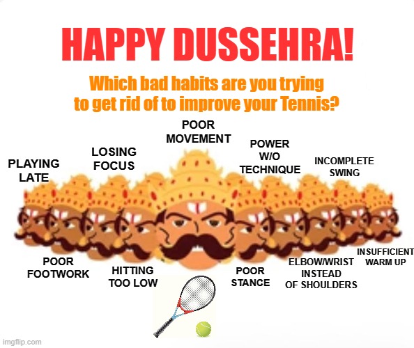 10 Evils of Tennis | HAPPY DUSSEHRA! Which bad habits are you trying to get rid of to improve your Tennis? POOR MOVEMENT; POWER W/O TECHNIQUE; LOSING FOCUS; INCOMPLETE SWING; PLAYING LATE; INSUFFICIENT WARM UP; POOR FOOTWORK; ELBOW/WRIST INSTEAD OF SHOULDERS; POOR STANCE; HITTING TOO LOW | image tagged in sports,tennis | made w/ Imgflip meme maker