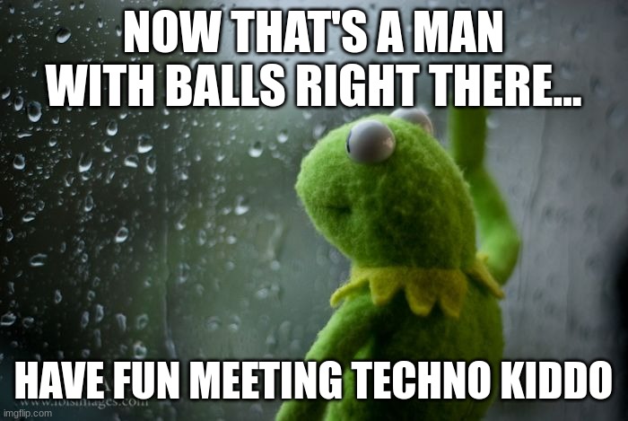 kermit window | NOW THAT'S A MAN WITH BALLS RIGHT THERE... HAVE FUN MEETING TECHNO KIDDO | image tagged in kermit window | made w/ Imgflip meme maker