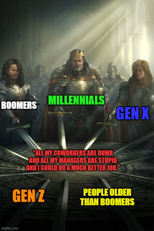Coworker Pride | MILLENNIALS; BOOMERS; GEN X; "ALL MY COWORKERS ARE DUMB AND ALL MY MANAGERS ARE STUPID AND I COULD DO A MUCH BETTER JOB."; GEN Z; PEOPLE OLDER THAN BOOMERS | image tagged in knights of the round table | made w/ Imgflip meme maker