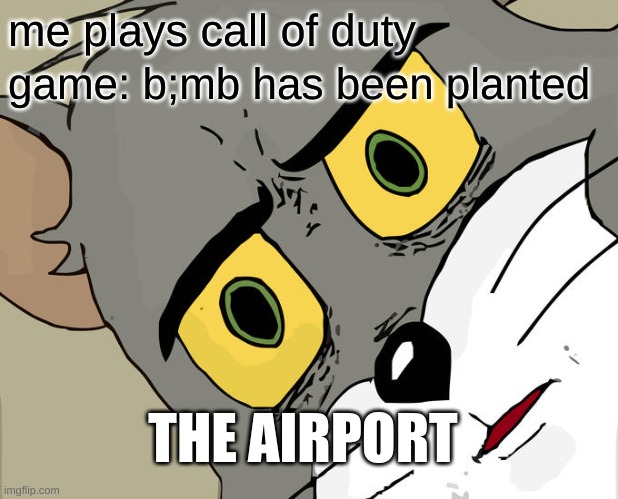 Unsettled Tom Meme | me plays call of duty; game: b;mb has been planted; THE AIRPORT | image tagged in memes,unsettled tom,funny | made w/ Imgflip meme maker