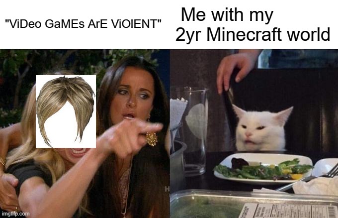 Minecraft | "ViDeo GaMEs ArE ViOlENT"; Me with my 2yr Minecraft world | image tagged in memes,woman yelling at cat | made w/ Imgflip meme maker