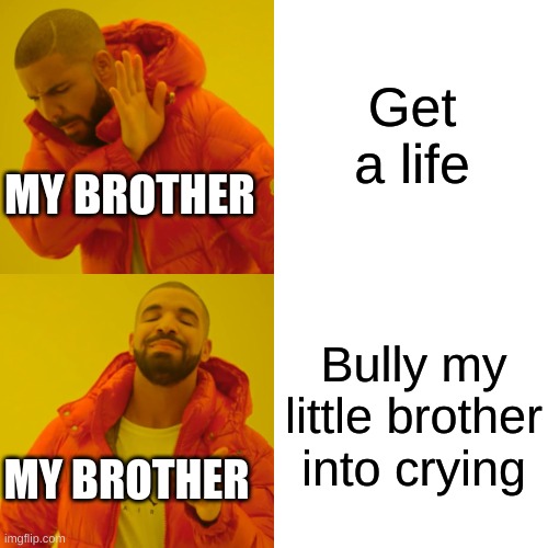 Why are all siblings like this? | Get a life; MY BROTHER; Bully my little brother into crying; MY BROTHER | image tagged in memes,drake hotline bling | made w/ Imgflip meme maker