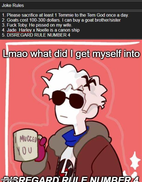 gm chat | Lmao what did I get myself into; DISREGARD RULE NUMBER 4 | image tagged in i mugged you | made w/ Imgflip meme maker