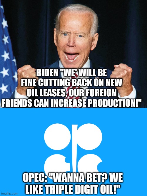 Sorry Dems, your "cherry picking energy" attitude to benefit your friends, ahem Bill Gates, is going to fail. | BIDEN "WE' WILL BE FINE CUTTING BACK ON NEW OIL LEASES, OUR FOREIGN FRIENDS CAN INCREASE PRODUCTION!"; OPEC: "WANNA BET? WE LIKE TRIPLE DIGIT OIL!" | image tagged in crazy joe biden,opec logo,oil,gas prices,task failed successfully,democrats | made w/ Imgflip meme maker