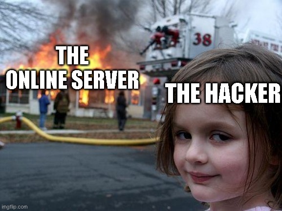 Hackers are nuts | THE ONLINE SERVER; THE HACKER | image tagged in memes,disaster girl,hackers | made w/ Imgflip meme maker