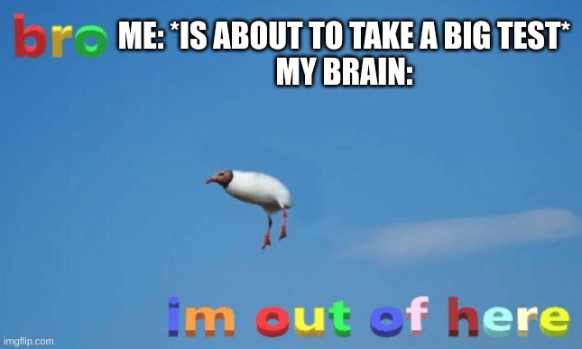 I hate it when this happens | ME: *IS ABOUT TO TAKE A BIG TEST*
MY BRAIN: | image tagged in bro im out of here,adhd | made w/ Imgflip meme maker