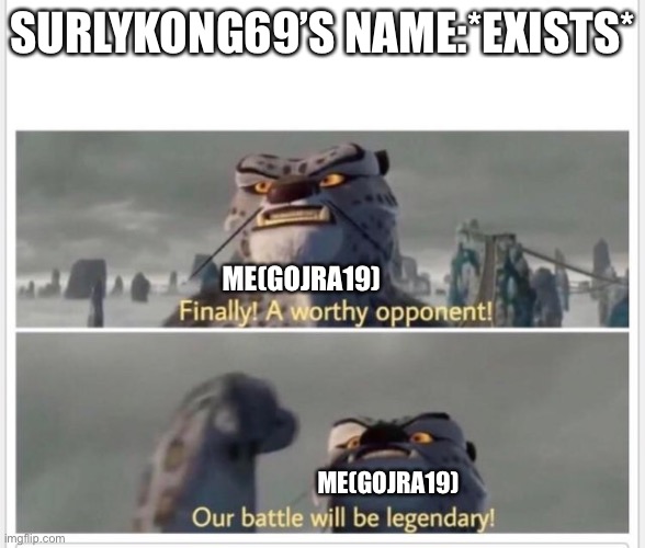 Get it? | SURLYKONG69’S NAME:*EXISTS*; ME(GOJRA19); ME(GOJRA19) | image tagged in finally a worthy opponent,surlykong69,godzilla vs kong | made w/ Imgflip meme maker