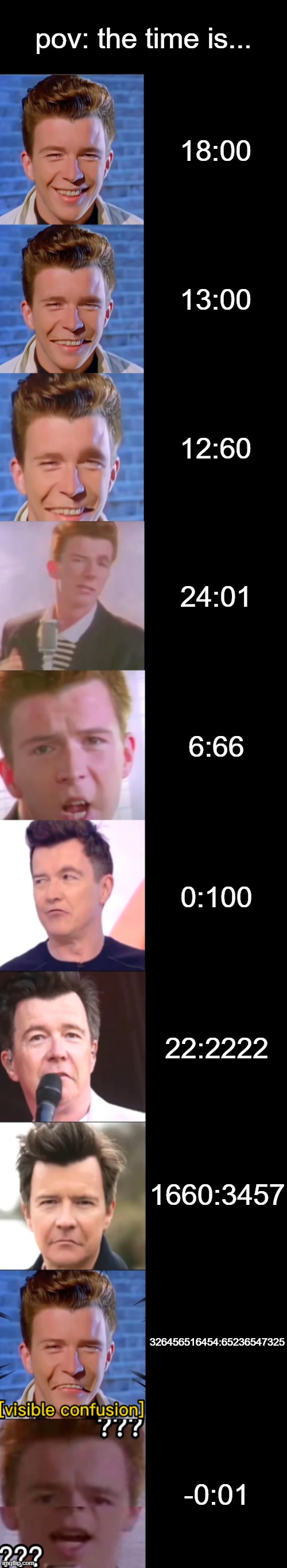 Rick Astley Becoming Confused | pov: the time is... 18:00; 13:00; 12:60; 24:01; 6:66; 0:100; 22:2222; 1660:3457; 326456516454:65236547325; -0:01 | image tagged in rick astley becoming confused | made w/ Imgflip meme maker