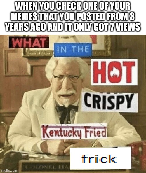 bruh moment | WHEN YOU CHECK ONE OF YOUR MEMES THAT YOU POSTED FROM 3 YEARS AGO AND IT ONLY GOT 7 VIEWS | image tagged in what in the hot crispy kentucky fried frick | made w/ Imgflip meme maker