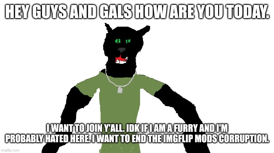 My panther fursona | HEY GUYS AND GALS HOW ARE YOU TODAY. I WANT TO JOIN Y'ALL. IDK IF I AM A FURRY AND I'M PROBABLY HATED HERE. I WANT TO END THE IMGFLIP MODS CORRUPTION. | image tagged in my panther fursona | made w/ Imgflip meme maker