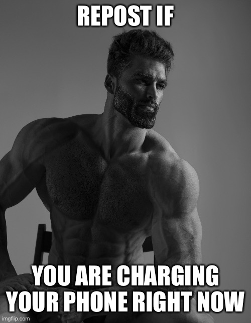Giga Chad | REPOST IF; YOU ARE CHARGING YOUR PHONE RIGHT NOW | image tagged in giga chad | made w/ Imgflip meme maker