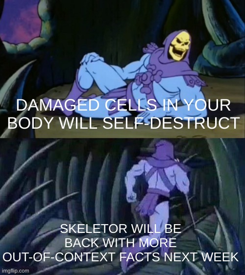 Image Title | DAMAGED CELLS IN YOUR BODY WILL SELF-DESTRUCT; SKELETOR WILL BE BACK WITH MORE OUT-OF-CONTEXT FACTS NEXT WEEK | image tagged in skeletor disturbing facts,out of context,funni | made w/ Imgflip meme maker