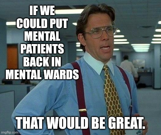Aka liberals. | IF WE COULD PUT MENTAL PATIENTS BACK IN MENTAL WARDS; THAT WOULD BE GREAT. | image tagged in memes,that would be great | made w/ Imgflip meme maker