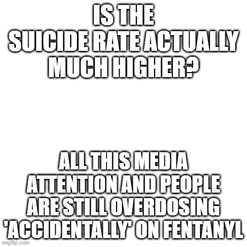 could be | IS THE SUICIDE RATE ACTUALLY MUCH HIGHER? ALL THIS MEDIA ATTENTION AND PEOPLE ARE STILL OVERDOSING 'ACCIDENTALLY' ON FENTANYL | image tagged in memes,blank transparent square | made w/ Imgflip meme maker