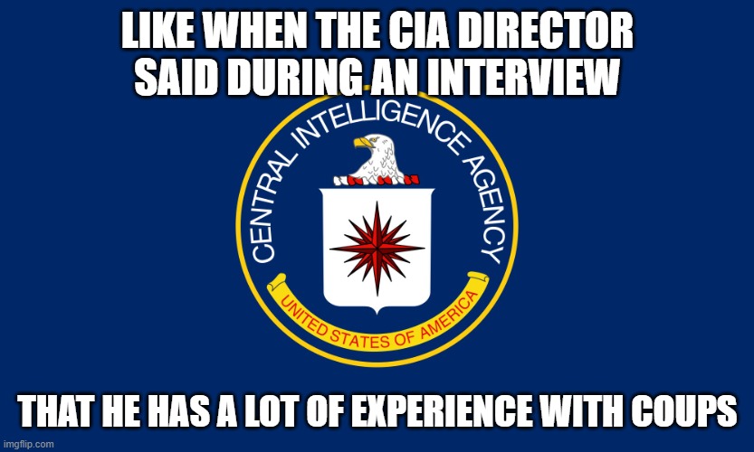 Central Intelligence Agency CIA | LIKE WHEN THE CIA DIRECTOR SAID DURING AN INTERVIEW THAT HE HAS A LOT OF EXPERIENCE WITH COUPS | image tagged in central intelligence agency cia | made w/ Imgflip meme maker