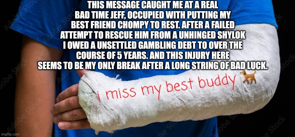 THIS MESSAGE CAUGHT ME AT A REAL BAD TIME JEFF, OCCUPIED WITH PUTTING MY BEST FRIEND CHOMPY TO REST. AFTER A FAILED ATTEMPT TO RESCUE HIM FR | made w/ Imgflip meme maker