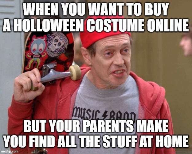 Holloween | WHEN YOU WANT TO BUY A HOLLOWEEN COSTUME ONLINE; BUT YOUR PARENTS MAKE YOU FIND ALL THE STUFF AT HOME | image tagged in steve buscemi fellow kids | made w/ Imgflip meme maker