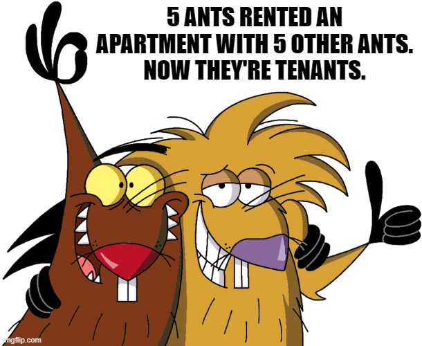 Beavers | 5 ANTS RENTED AN APARTMENT WITH 5 OTHER ANTS.
NOW THEY'RE TENANTS. | image tagged in beavers | made w/ Imgflip meme maker