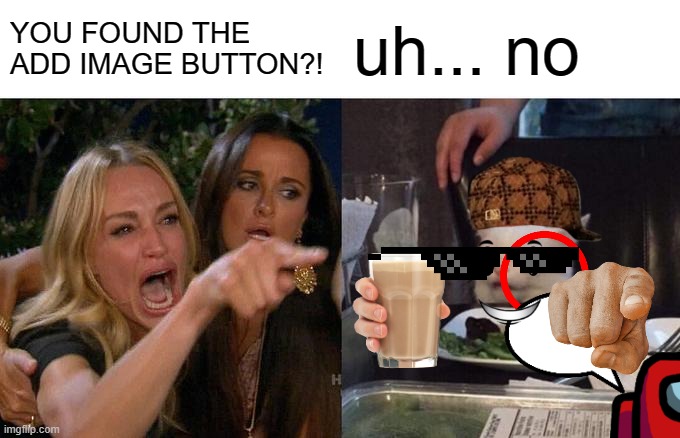 8 year old simulation | YOU FOUND THE ADD IMAGE BUTTON?! uh... no | image tagged in memes,woman yelling at cat | made w/ Imgflip meme maker