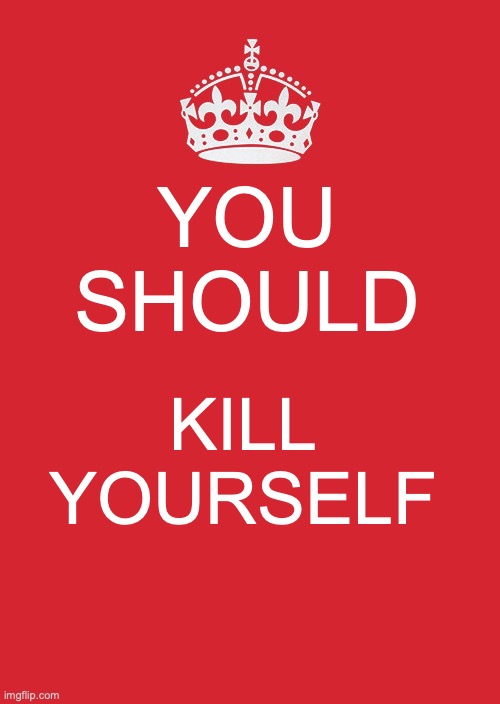 Title | YOU SHOULD; KILL YOURSELF | image tagged in memes,keep calm and carry on red,kill yourself | made w/ Imgflip meme maker