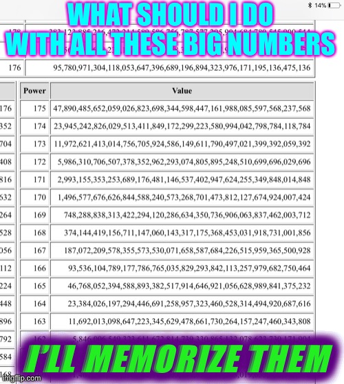 Very Big Powers of 2 | WHAT SHOULD I DO WITH ALL THESE BIG NUMBERS; I’LL MEMORIZE THEM | image tagged in memes,funny memes,pi,powers of 2,numbers,large numbers | made w/ Imgflip meme maker