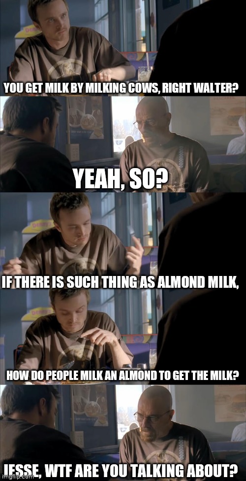 Jesse WTF are you talking about? | YOU GET MILK BY MILKING COWS, RIGHT WALTER? YEAH, SO? IF THERE IS SUCH THING AS ALMOND MILK, HOW DO PEOPLE MILK AN ALMOND TO GET THE MILK? JESSE, WTF ARE YOU TALKING ABOUT? | image tagged in jesse wtf are you talking about | made w/ Imgflip meme maker
