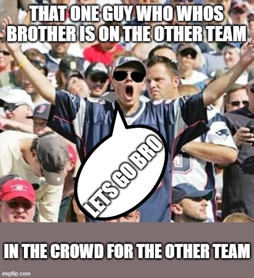 Sports Fans | THAT ONE GUY WHO WHOS BROTHER IS ON THE OTHER TEAM; LETS GO BRO; IN THE CROWD FOR THE OTHER TEAM | image tagged in sports fans | made w/ Imgflip meme maker