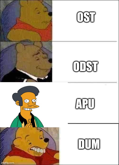 Acronyms Ranked | OST; ODST; APU; DUM | image tagged in good better best wut | made w/ Imgflip meme maker