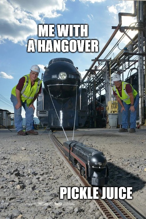 Pickle | ME WITH A HANGOVER; PICKLE JUICE | image tagged in small train pulling big train | made w/ Imgflip meme maker
