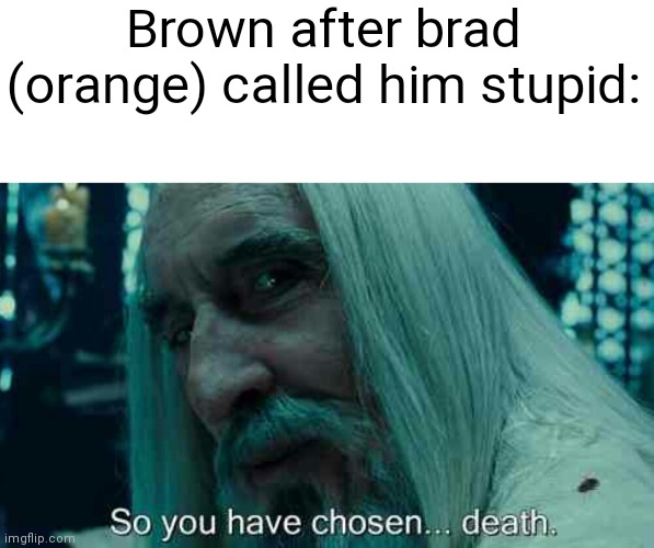 So you have chosen death | Brown after brad (orange) called him stupid: | image tagged in so you have chosen death | made w/ Imgflip meme maker
