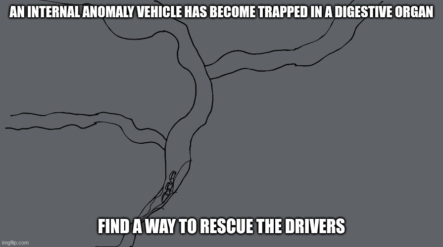 Anybody can particpate | AN INTERNAL ANOMALY VEHICLE HAS BECOME TRAPPED IN A DIGESTIVE ORGAN; FIND A WAY TO RESCUE THE DRIVERS | image tagged in mystery flesh pit,rescue,limited time | made w/ Imgflip meme maker