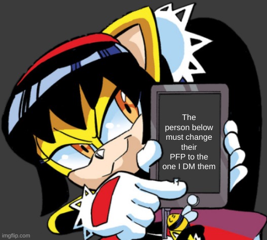 Use for ultimate trolling | The person below must change their PFP to the one I DM them | image tagged in honey the cat pointing to x on her phone,troll,dm,pfp,discord | made w/ Imgflip meme maker