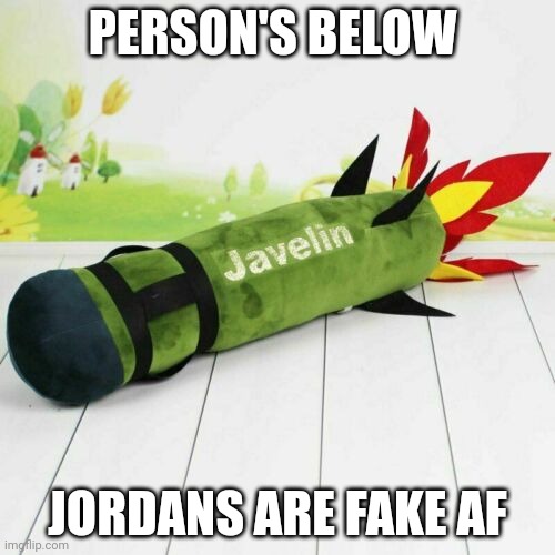 Javelin plush my beloved <3 | PERSON'S BELOW; JORDANS ARE FAKE AF | image tagged in javelin plush my beloved 3 | made w/ Imgflip meme maker