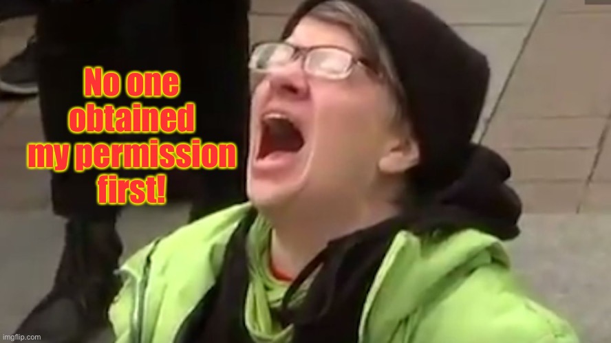 Screaming Liberal  | No one obtained my permission first! | image tagged in screaming liberal | made w/ Imgflip meme maker