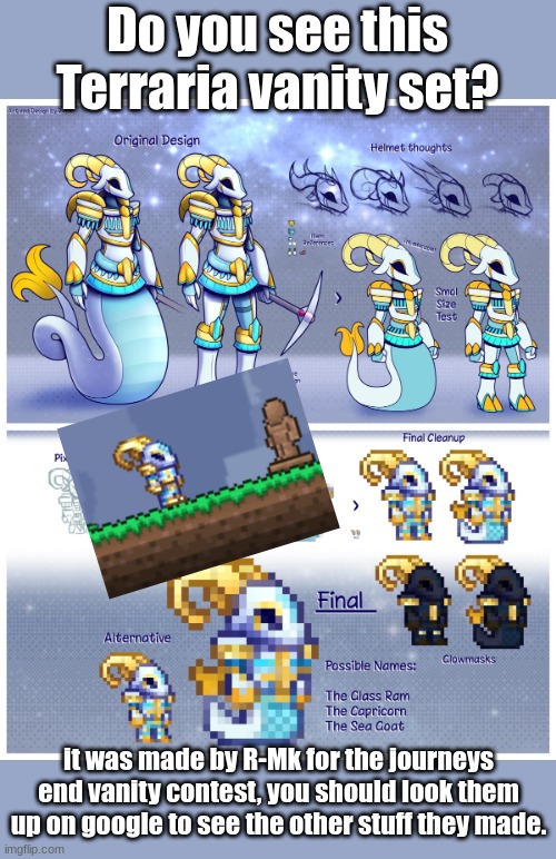 Do you see this Terraria vanity set? it was made by R-Mk for the journeys end vanity contest, you should look them up on google to see the other stuff they made. | made w/ Imgflip meme maker
