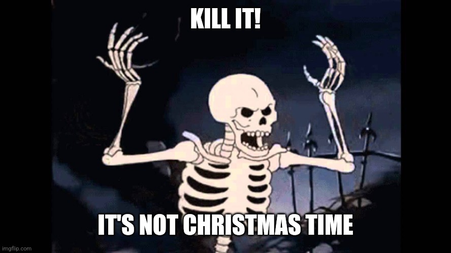 Spooky Skeleton | KILL IT! IT'S NOT CHRISTMAS TIME | image tagged in spooky skeleton | made w/ Imgflip meme maker